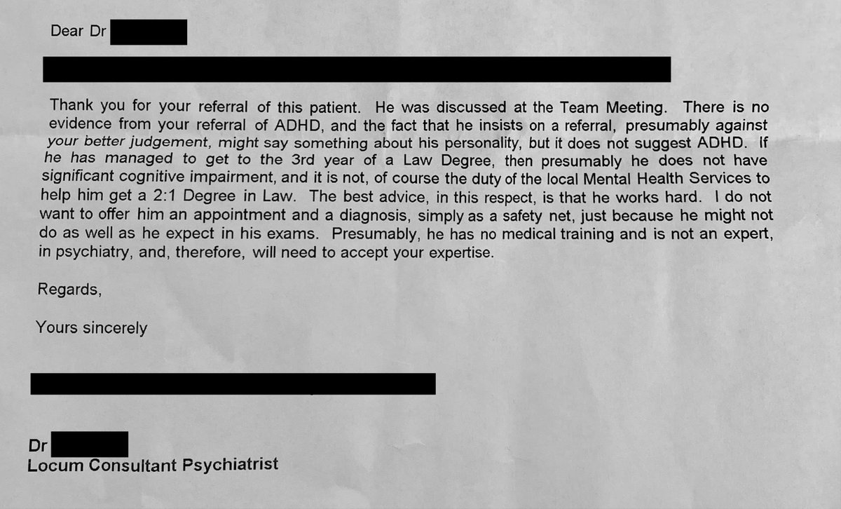 After years of operating in a constant state of overwhelm, exhaustion and anxiety, I went to my GP in January to seek a referral to NHS psychiatry because I had come to believe that I was suffering with undiagnosed ADHD. A week later I received this letter. (2/?)