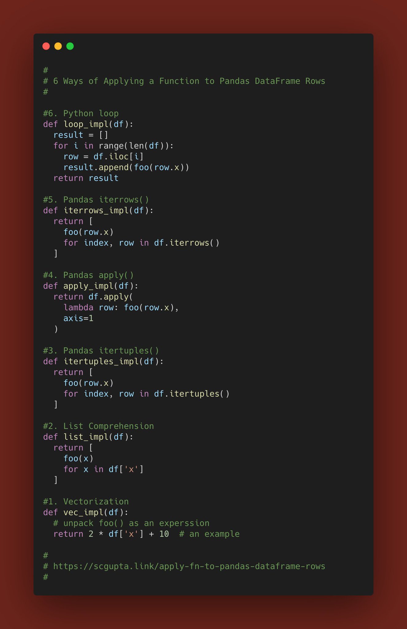 Satish Chandra Gupta on Twitter: "6 Ways to apply a function to Pandas  DataFrame rows: 6⃣Python Loop: bad idea 5⃣iterrows(): 4x faster than loop  4⃣apply(): 5x faster than iterrows itertuples(): 10x faster than apply List  Comprehension: 2.5x faster than ...