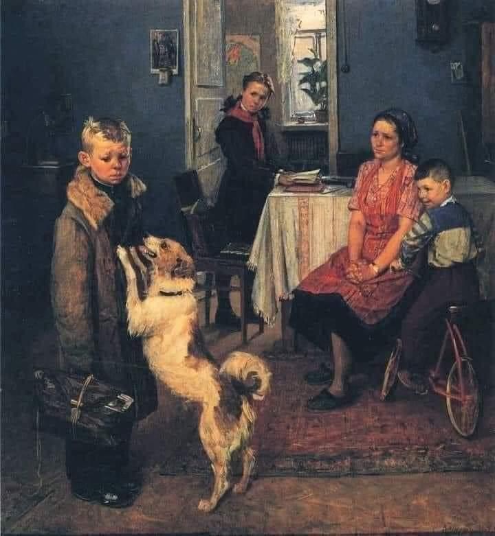 لوحة رائعة للفنان السوفيتي "فيودور ريشيتنيكوف"، 
لفتى عائد من المدرسة و هو "راسب"، و العائلة تنظر إليه نظرات بائسة، و تعامله بلوم و رفض، و نظرة أخيه الشامتة

الفنان يقول لهم: عاملوه كما يعامله الكلب، فهو يحبّه راسباً، أو ناجحاّ، يحبه لذاته، حباً "غير مشروط"