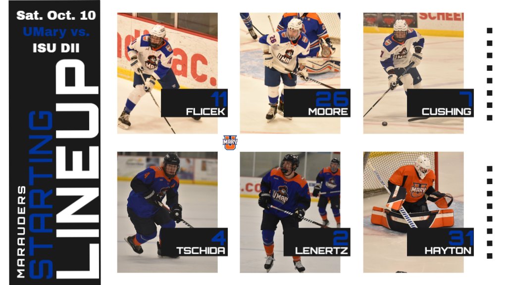 UMaryMHockey's tweet image. Game 5 of the 2020-21 Season is a rematch with @CycloneHockey M2 today at 4:30 pm at the Ames/ISU Arena. The Marauders won last night 1-0 with a goal from Seth Cushing and a shutout from Kyle Hayden.

Here are your Marauders starters:
#HooksUp #LifeatMary