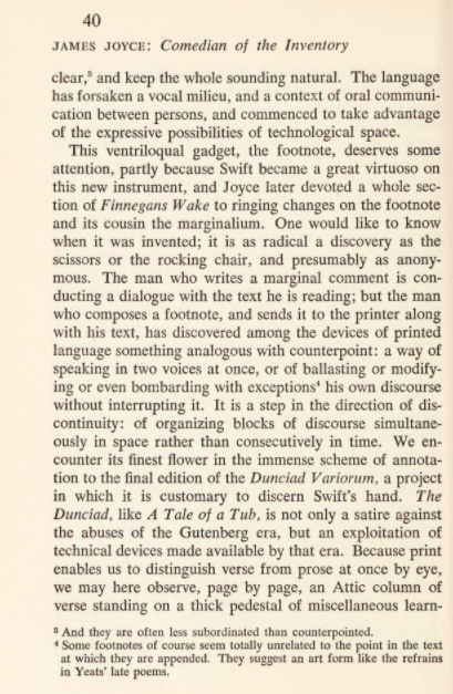 5. Great moments in history of footing, from Hugh Kenner's The Stoic Comedians (1963), where the footnotes themselves illustrate the argument about the literary effect of footnotes.