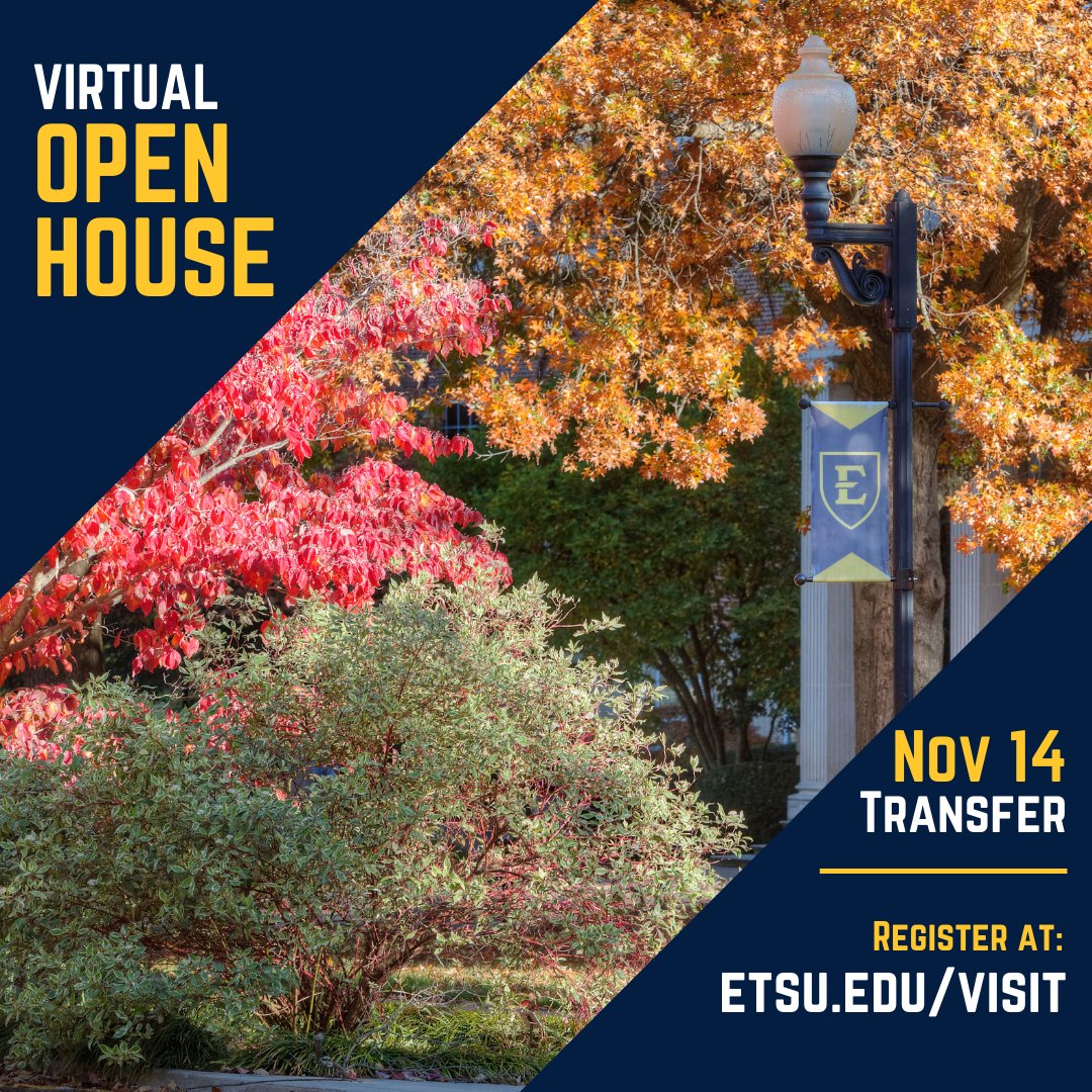 Join us this fall for one of our virtual open houses.  It is a great way to learn more about ETSU and have any questions you may have answered! Register today at etsu.edu/visit