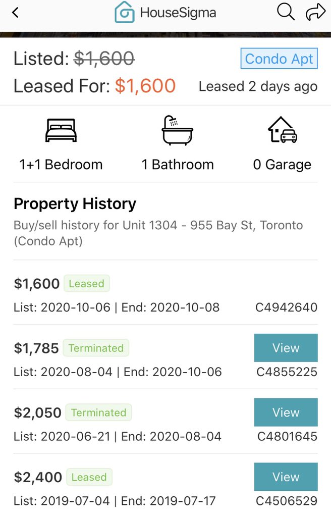 The Latest in Toronto RentsThis one is quite the drop!A massive $800/month (33%) from the 2019 leased price.A 1+1 bd up to 599 sq ft for $1600 in the heart of downtown! It says den can be used as 2nd bdNote no parking but wasn’t avail in prev listing either #cdnecon