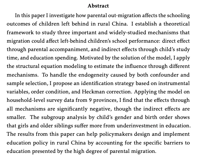 Xiaoman LuoJMP: "How Does Parental Out-migration Affect Left-behind Children’s Schooling Outcomes?"Website:  https://xiaomanluo.github.io/ 