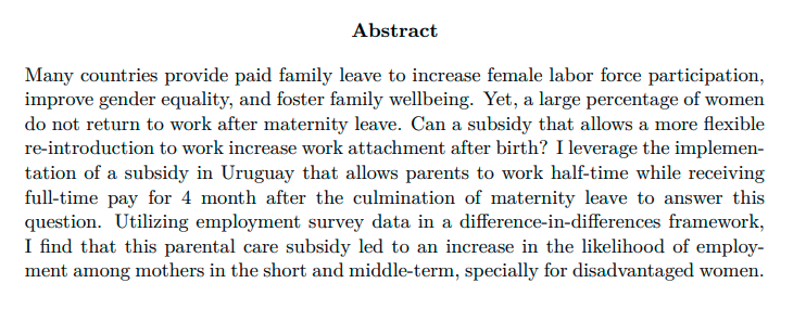 Luciana EtcheverryJMP: "Work half-time, receive full-time pay: Effect of novel family policy on female labor market outcomes"Website:  https://www.lucianaetcheverry.com/ 