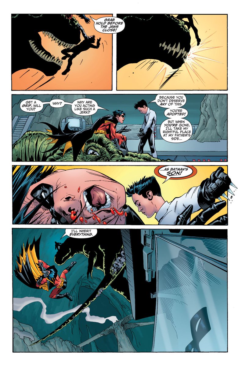 This is definently one of the grossest themes I've seen be tied to Damian (and Jon Kent in subtext), that he is more deserving of his place because he is blood related. That he is the True Son and the adopted are less valid than him.