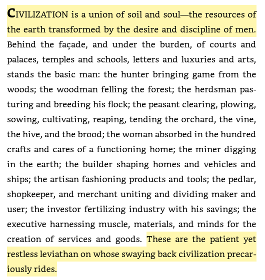 17/ The cultivation & ingenuity of the Islamic economy"CIVILIZATION is a union of soil and soul—the resources of the earth transformed by the desire and discipline of men...These are the patient yet restless leviathan on whose swaying back civilization precariously rides."
