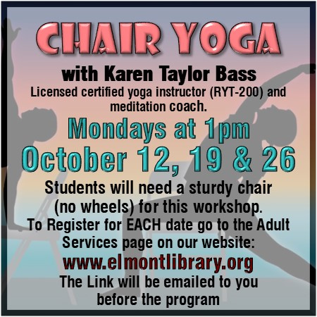 ElmontLibrary's tweet image. Chair Yoga with Karen Taylor Bass

Register at elmontlibrary.org