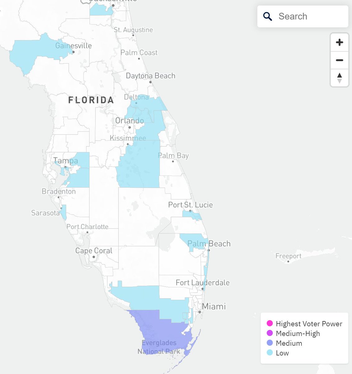 Continuing the  #RedistrictingMoneyball concept:2) Florida's Miami-Dade, Palm Beach, & Hillsborough counties. FL can settle the Presidential election on Election Night. High per-voter power of 53 (max=100). A likely 29 U.S. House seats will be redrawn.  https://election.princeton.edu/data/moneyball/?key_state=FL