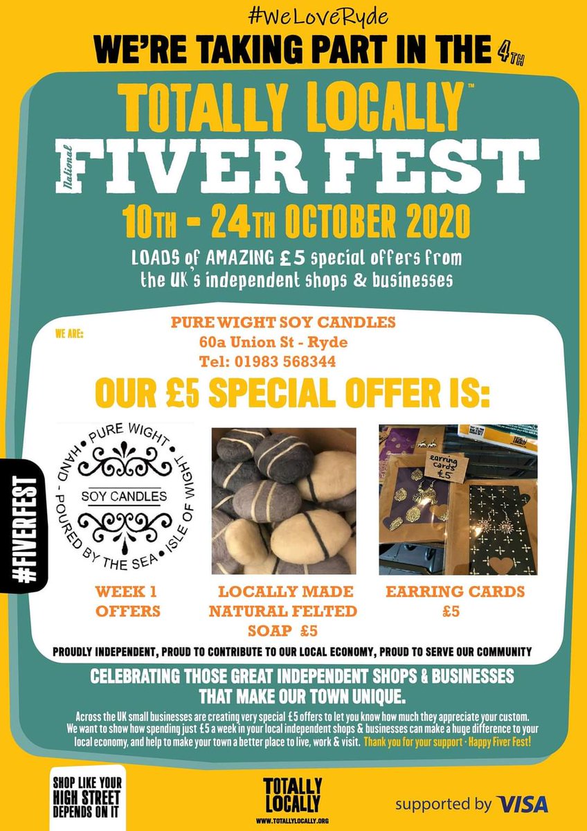 Ryde #FiverFest deals incoming.
Where will you spend a fiver? 28/30
PURE WIGHT SOY CANDLES
#WeLoveRyde
#TotallyLocally
#Ryde
#Handmade
#SmallBiz
#shoplocal
#Isleofwight 
#Supportyourhighstreet 
<a href="/RydeTownCouncil/">Ryde Town Council</a>