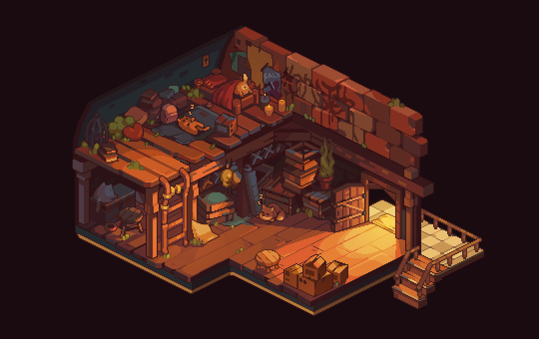 I've started working on a series of interiors. 
Inspired by my favorite pixel artist  <a href="/jmw327/">jmw327</a> .

#screenshotsaturday #pixelart  #ドット絵 #indiedev  #pixelartday