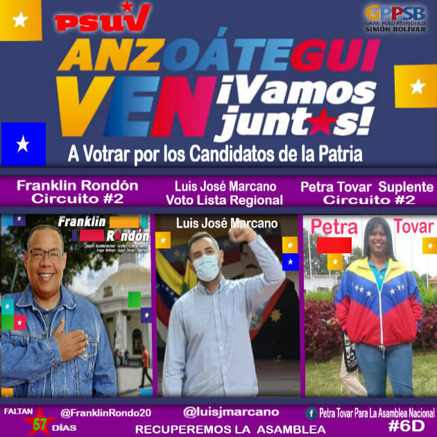 Vía "<a href="/luisjmarcano/">LJ</a>": RT <a href="/JoseSR05/">José Solórzano Reyes</a>: Solo faltan 57 días para renovar nuestra Asamblea Nacional 
#VenVamosJuntos y apoyemos a los candidatos y a las candidatas de la Patria. 
#ChavismoVictoriaPerfecta 
#LeyAntibloqueoEsProgreso 
<a href="/luisjmarcano/">LJ</a> @FranklinRond…