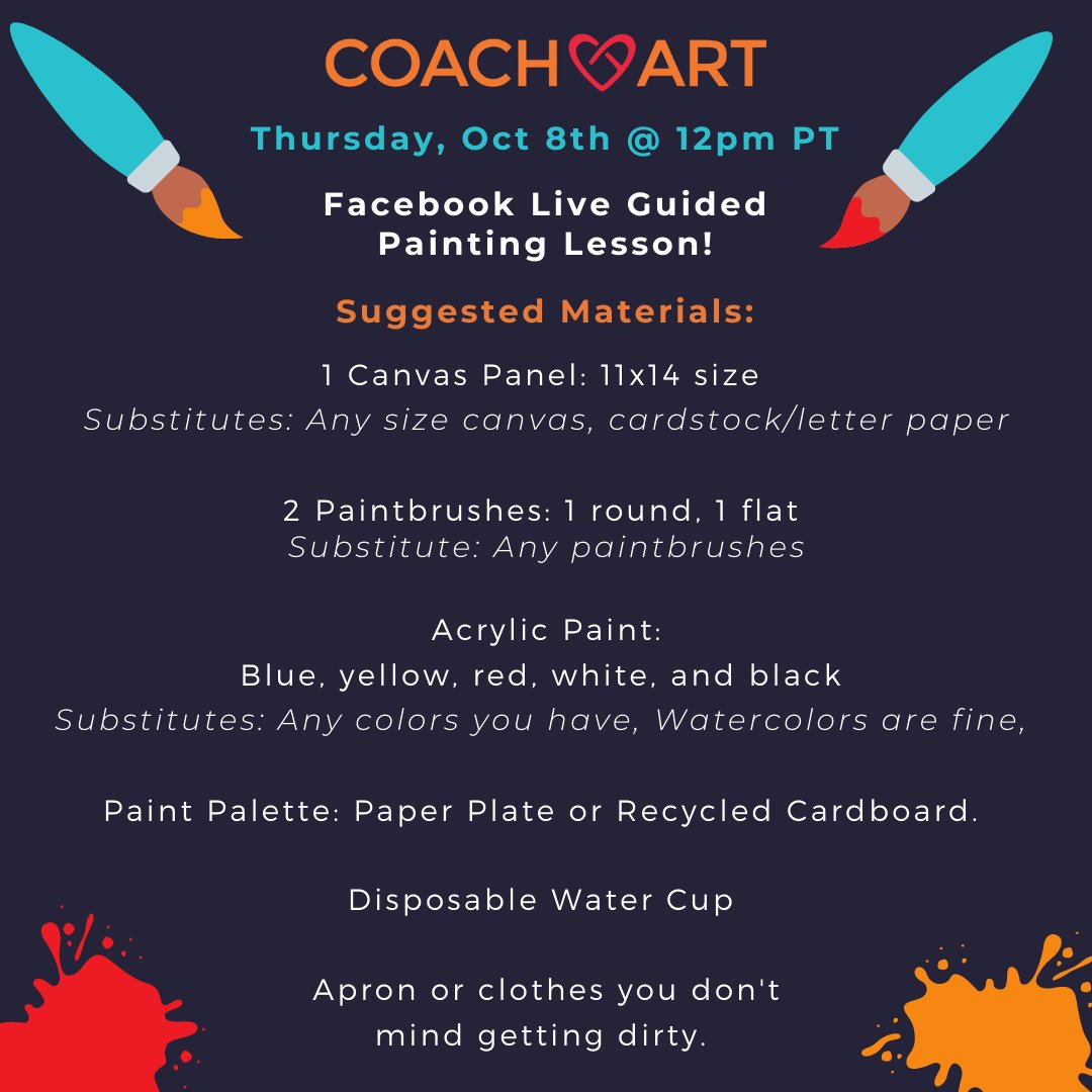 CoachArtOrg's tweet image. 🎨🖌  #ArtisticThursday Join us on Facebook Live today at 12pm PT for a NEW Guided #PaintingTutorial with Coach Erick. Kids can follow along to create this week's painting. Watch live on the CoachArt Facebook page: hubs.li/H0xG5K90  

#acrylicpainting #artwithkids