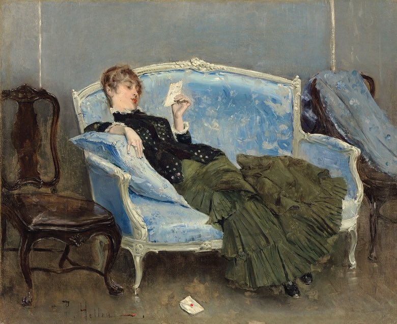 Marie Renard also sat for Édouard Manet, Berthe Morisot and John Singer Sargent. This is her, in Paul-César Helleu’s “La Lettre”, painted in 1880.