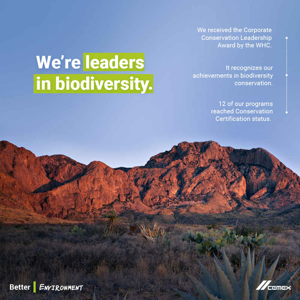 CEMEX's tweet photo. This year, we received the Corporate Conservation Leadership Award. 🏆💪 We would like to thank @WildlifeHC for this honor, which inspires us to keep working for a #BetterEnvironment. https://t.co/7N3AvV4UR5