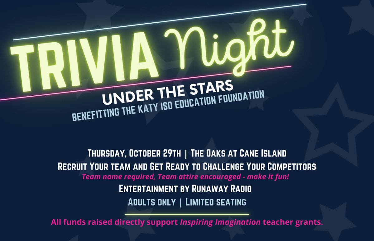 KatyISDEdFound's tweet photo. Join us for Trivia Night Oct. 29th and compete against "JWE - Just Winning Everything", "Team Just Guessing" and MORE! Get those creative juices flowing &amp; register your team of 4 or 6. Limited seating, register today > https://t.co/Hno4ADBQvP #TriviaNight2020 https://t.co/BpXYSzYuum