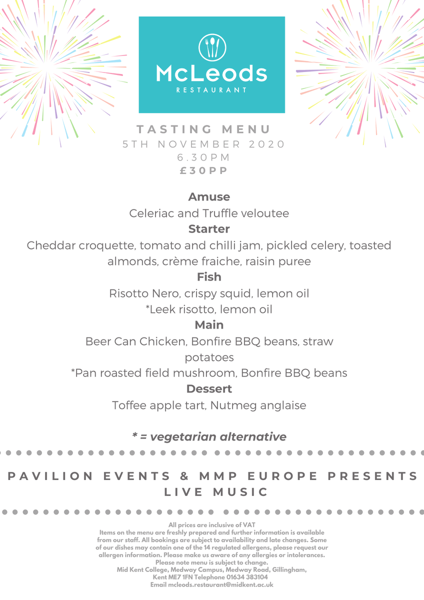 Pavilion_Events's tweet photo. 🎆 LIVE MUSIC IS BACK 🎆

📅 5th November 2020
⏰ 6.30pm 
📍   McLeods Restaurant, Gillingham, ME7 1FN 

📧 To reserve your table please email mcleods.restaurant@midkent.ac.uk 

#livemusic #livemusicmatters #LetTheMusicPlay #eventprofs #tastingmenu #medway #eventprofs https://t.co/OzjGyftEIR