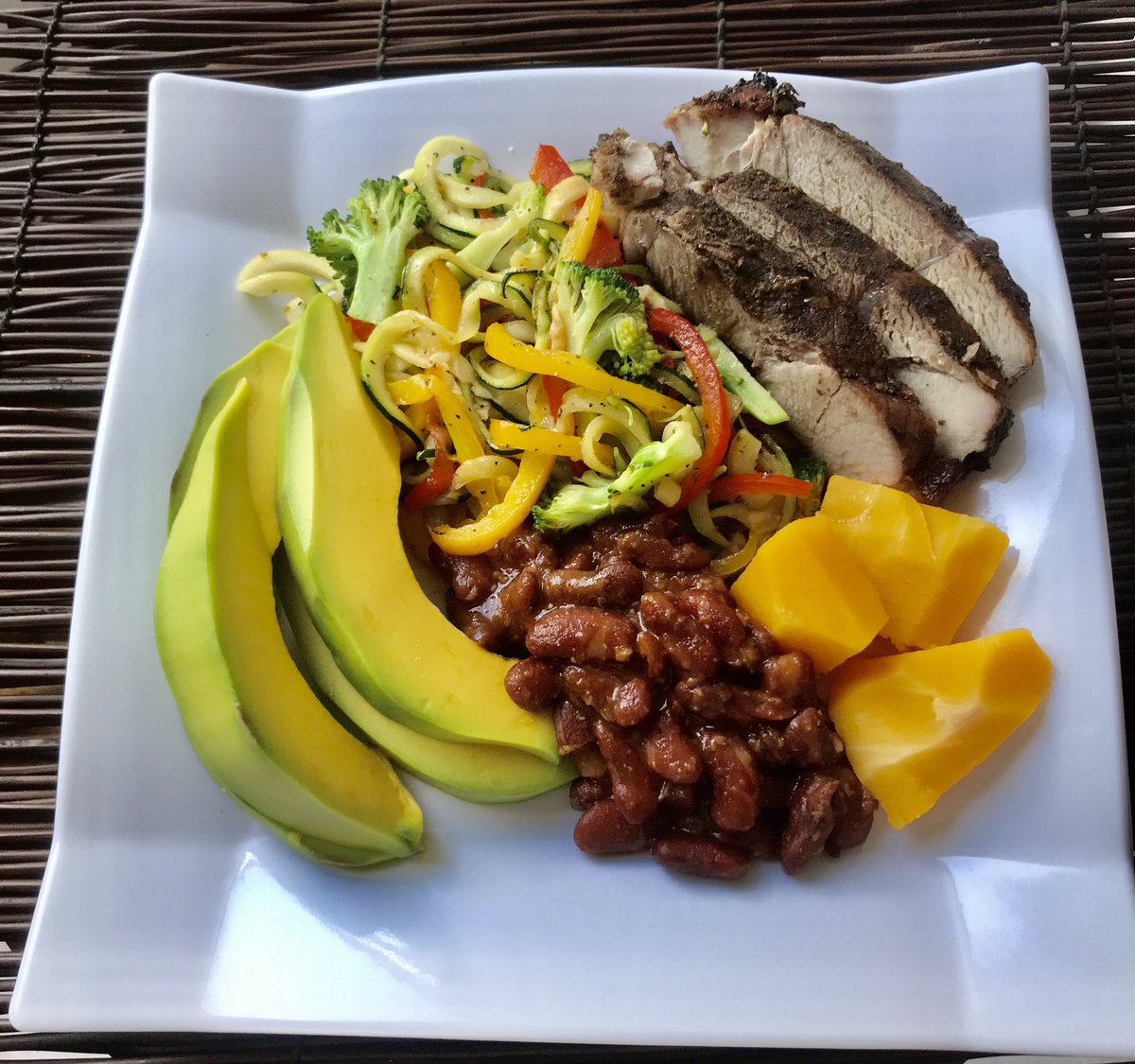 Zoodles, honey jerked pork, lunch on deck. #mykitchen #eatingthecaribbean #glutenfree #healthycarbs