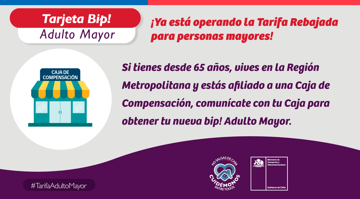 MTTChile's tweet photo. La #TarifaAdultoMayor se encuentra vigente en todo el país, y en Santiago puedes pedir tu tarjeta bip! a través de nuestro sitio https://t.co/S8Lx3zaMlv o consultar (si estás afiliado) en tu Caja de Compensación. 

¡Recuerda salir solo si es necesario! Si puedes, #QuedateEnCasa https://t.co/xRwmLWKLE3