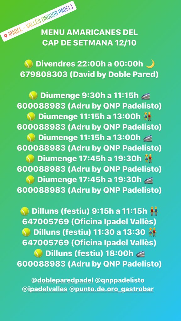 🆕 Menú semanal de Americanas con Ipadel Vallès, @qnppadelisto y David #DoblePared. 
🆕 Menú setmanal d’Americanas amb Ipadel Vallès, @qnppadelisto i David #DoblePared.

#ipadelvalles #indoorpadel #padel #ligasipadel #escolaipadel #americanasipadel #padelresponsable #padel😷