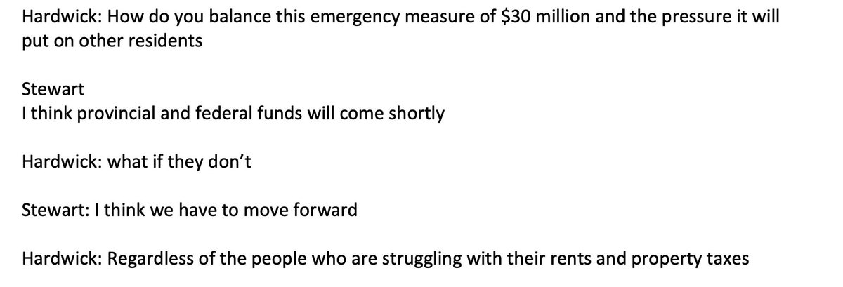 An exchange between Coun. Hardwick and mayor  @kennedystewart on the proposed $30 million to address homelessness