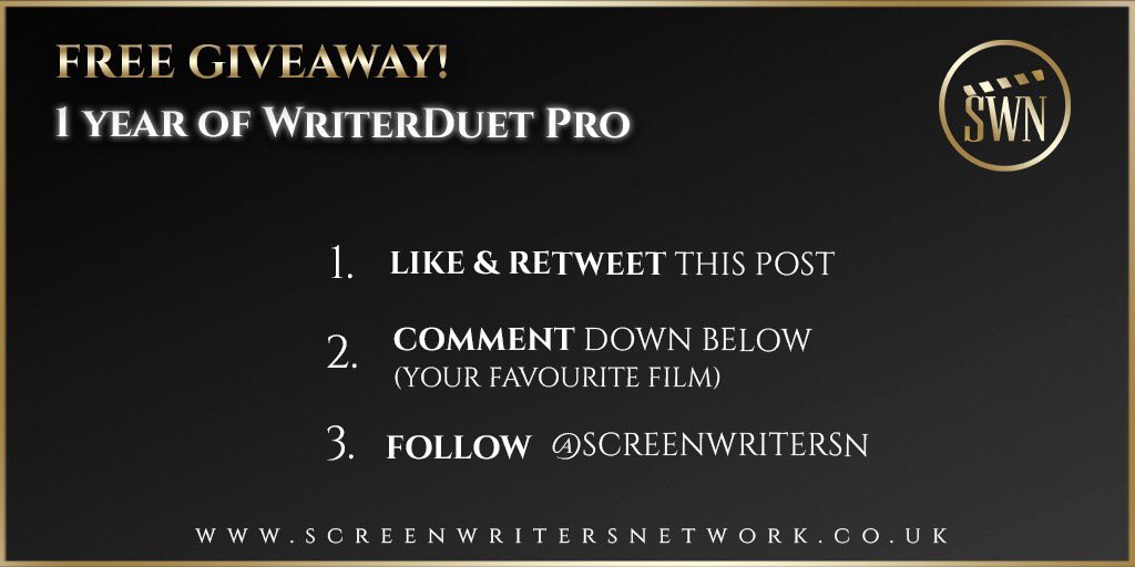 ScreenwritersN's tweet image. ❗️GIVEAWAY❗️

To be in with a chance of winning a years worth of WriterDuet Pro software, all you have to do is:

1. Like &amp;amp; re-tweet this post
2. Follow @screenwritersn 
3. Comment down below
    (your favourite film)👇

Good luck!🌟

#screenwriting #screenwriter