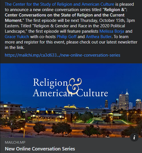 Check out our latest newsletter announcing the first in a series of online episodes. The first is, "Religion &amp; Gender and Race in the 2020 Political Landscape," featuring panelists @MelissaMayBorja and @gbyukich with co-hosts <a href="/pgoff13/">Philip Goff</a> and @AntheaButler. tinyurl.com/y3k7c3rw