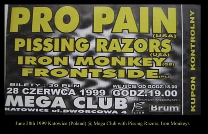 PISSINGRAZORS's tweet photo. #throwbackthursday ⬇️⬇️⬇️⬇️⬇️
06▪28▪1999
Playing the Mega Club in Katowice, Poland with the mighty Pro-Pain 🤘🏼#pissingrazors #spreadtheplague #texasloudtexasproud #megaclub #katowicepoland #propain #ironmonkey #frontside #ontour @joe_propain @ProPainArmy https://t.co/6uzekm0zho