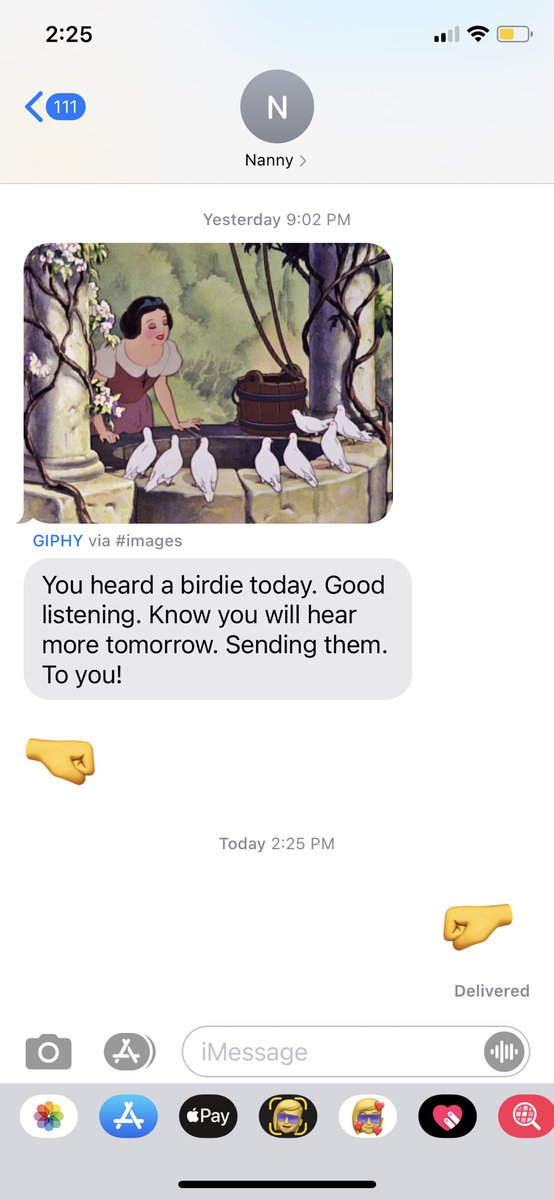 My grandma sends me a new GIF before every round (her gif game is outrageous). I think this one features snow white talking to birds?  

Never change grandparents