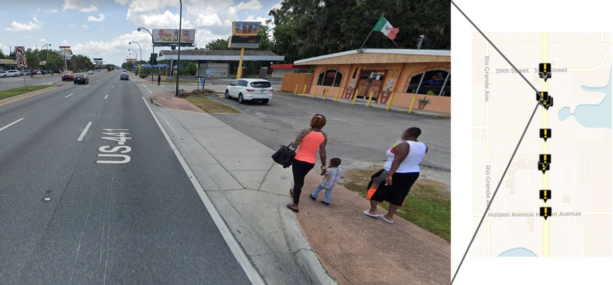 Look at this Florida road. Would driving at 35 mph—a speed deadly to pedestrians—be enough to create a safer environment for people walking? (3)