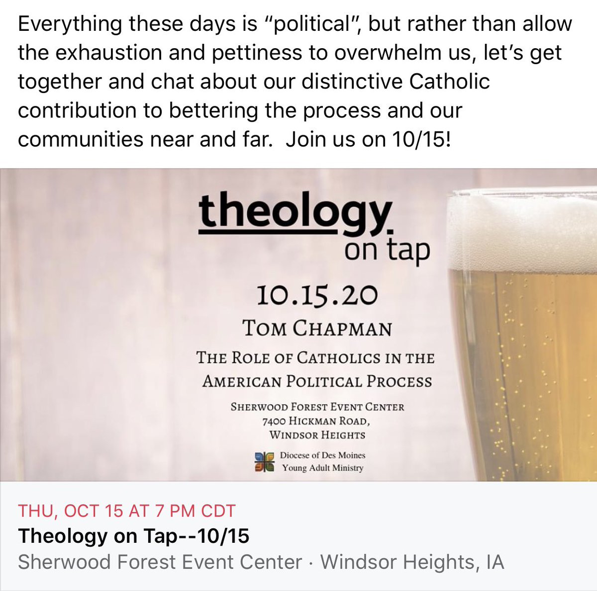 YCDesMoines's tweet photo. #TheologyOnTap #Catholic #Iowa #DesMoines #Election2020 https://t.co/p881PrIxA0