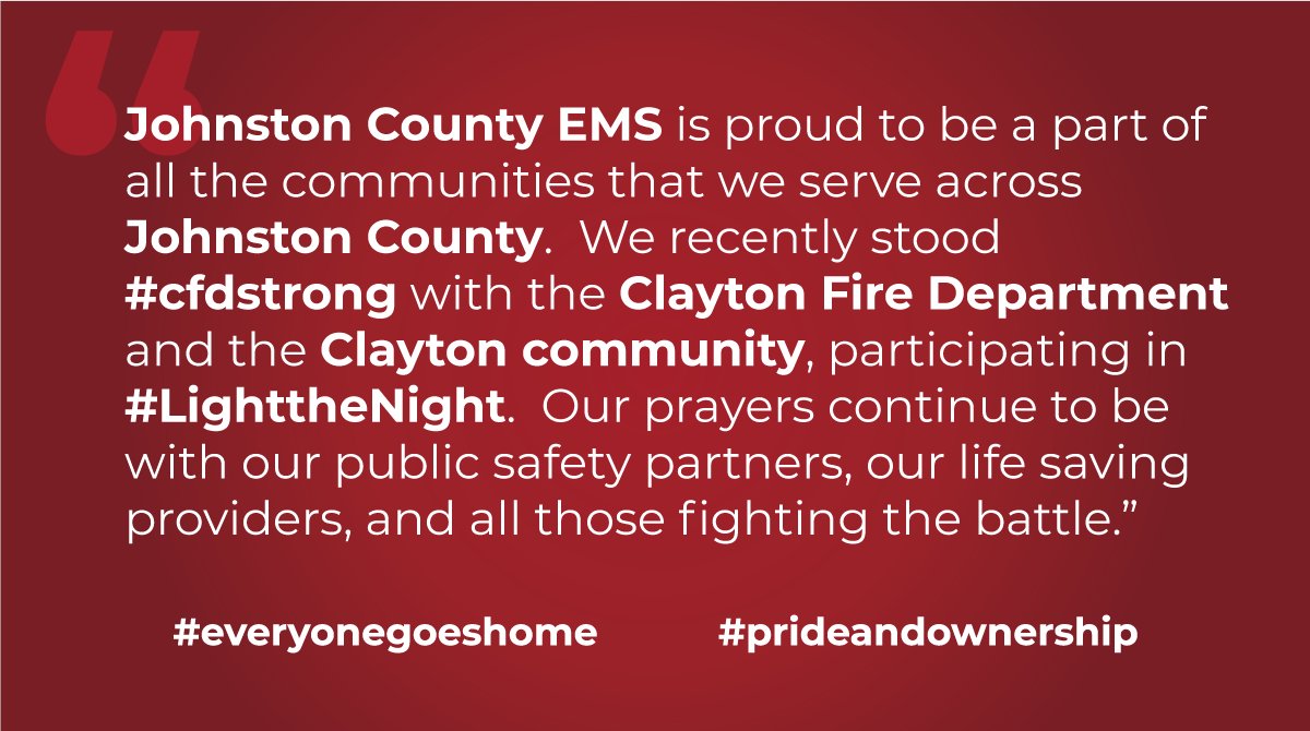 JoCoEmerServ's tweet photo. Johnston County EMS is proud to be a part of all the communities that we serve across Johnston County.  We recently stood #cfdstrong with the @ClaytonFire  and the Clayton community, participating in #LighttheNight. #everyonegoeshome #prideandownership https://t.co/lCFAI8p8Eb