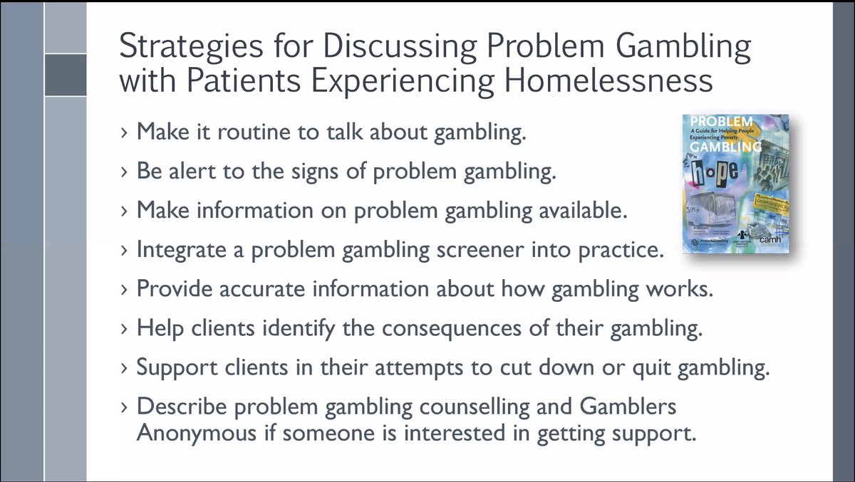 NYProbGambling's tweet photo. Strategies for discussing #ProblemGambling with #Treatment patients experiencing #Homelessness. 

#NYCPG2020 #ClinicalTIp #CommunityAwareness

https://t.co/Jwr6p5Lx03 https://t.co/KufL8JXscm