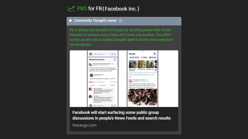 NvstrOfficial's tweet photo. Nvstr CTL on $FB: "FB is adding functionality to Groups by spurring people with similar interests to interact, even if they don’t know one another. The effort comes as new co's including Telepath seek to foster more long-form conversations." #fintwit #fbfb https://t.co/zdP8fMXm49 https://t.co/TZf7qwkE6v
