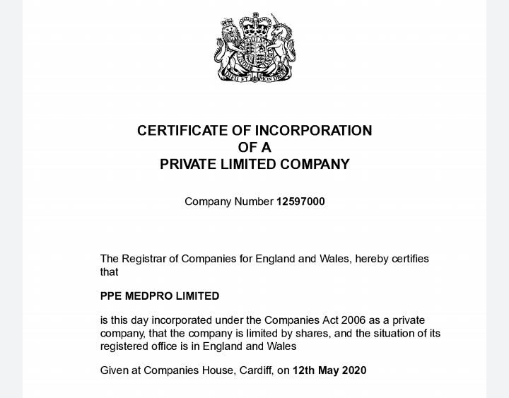 PPE Medpro was incorporated in May this year with a share capital of £100 . It has just won, without tender, a £110,000,000 contract to supply PPE to the NHS The govt is being run by a bunch of corrupt #Tories who award contracts to pals, paying them millions in tax payers money