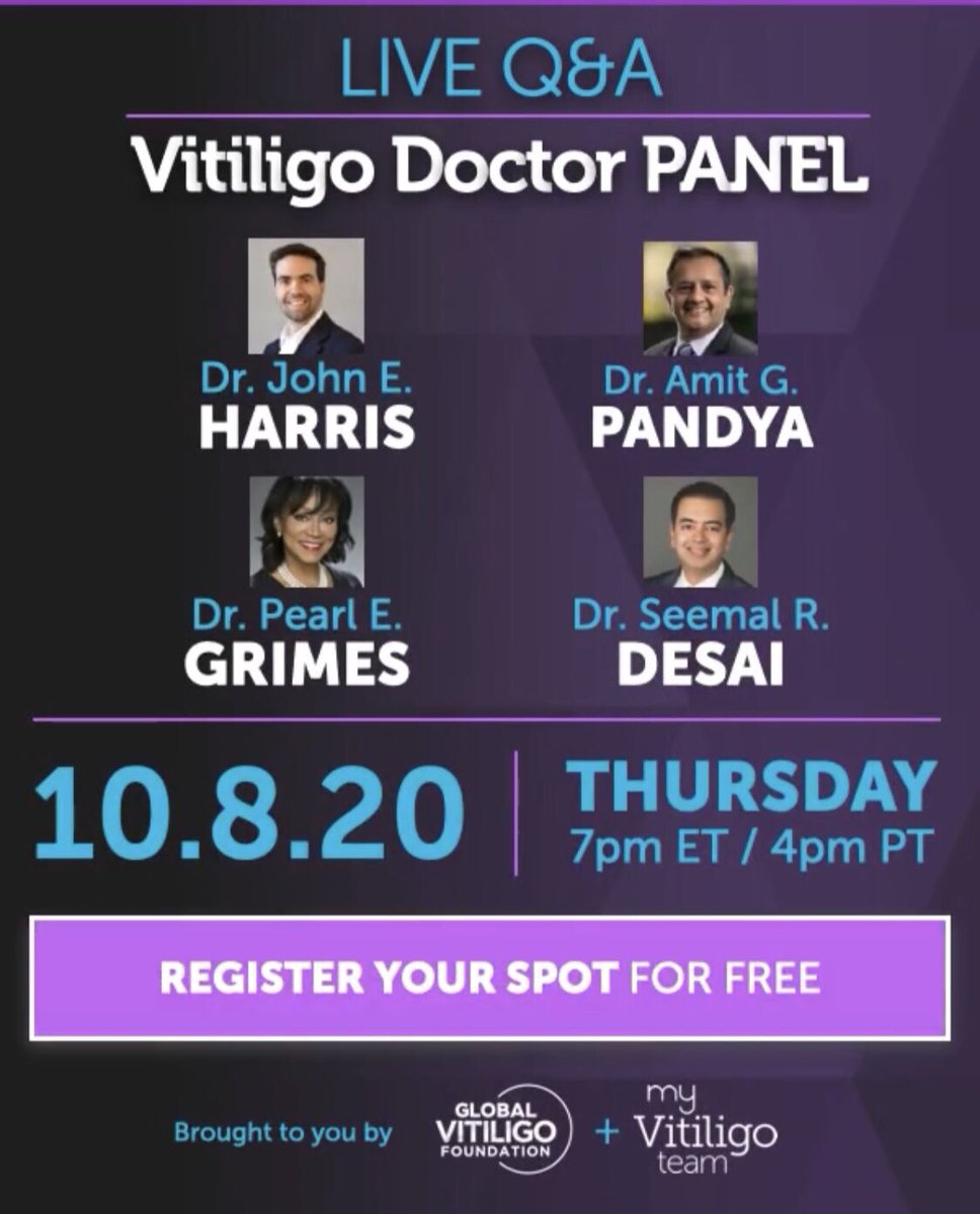 Happening later today! Check your time zone and join @MyHealthTeams for a live panel with leading vitiligo doctors. Not to be missed...your opportunity to ask questions and hear the latest vitiligo news and updates. Register for your free spot:
myvitiligoteam.com/resources/your…
