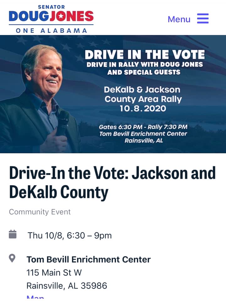 JacksonCoALDems's tweet photo. 🗣 Calling All Voters!  Come join us tonight as we host  .@DougJonesHQ  🇺🇸 🗳 🚗 
#alpolitics #Alabama #VOTE #VoteBlue #onealabama https://t.co/A8y1fzBrJp