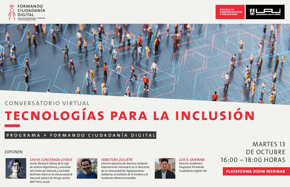 CiuDigitalUAI's tweet photo. Tod@s invitados a este Conversatorio virtual con grandes invitados: @schock de @MIT y @szulueta de #americasolidaria quienes discutirán sobre el rol que juega la tecnología a la hora de contribuir a un desarrollo inclusivo. Modera @KikeSantana
Registro: https://t.co/z8LIgCOdwR https://t.co/4UXuR9cQBx
