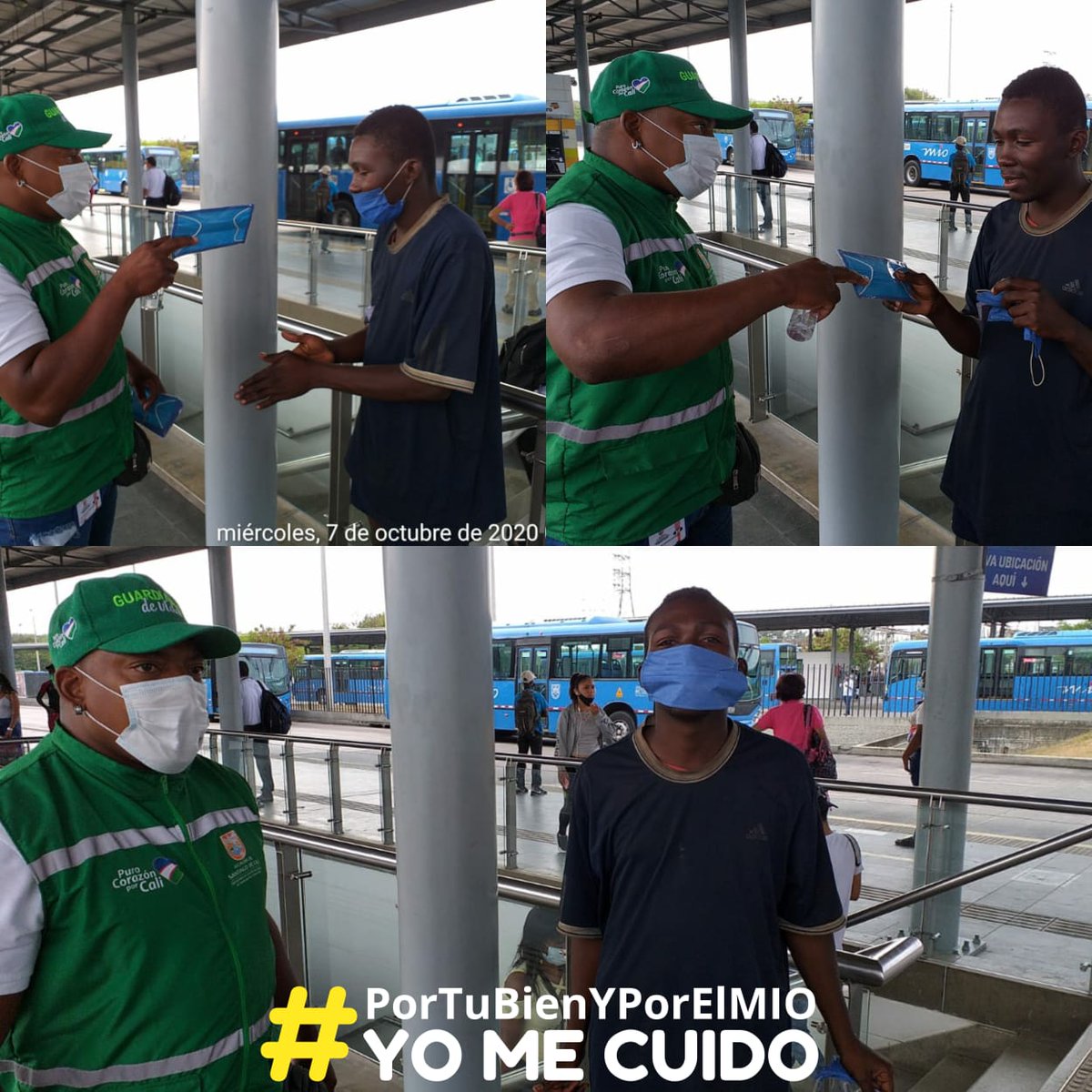 METROCALI's tweet photo. Los #GuardianesDeVida continúan con la pedagogía de sensibilizar a todos los usuarios que a diario usan el #MIO, promoviendo el autocuidado y la corresponsabilidad, haciendo entrega de tapabocas 😷 a quien no lo usa o lo porta en mal estado. 
#PorTuBienYPorElMIO, yo me cuido 💙. https://t.co/QEBUmL5re3