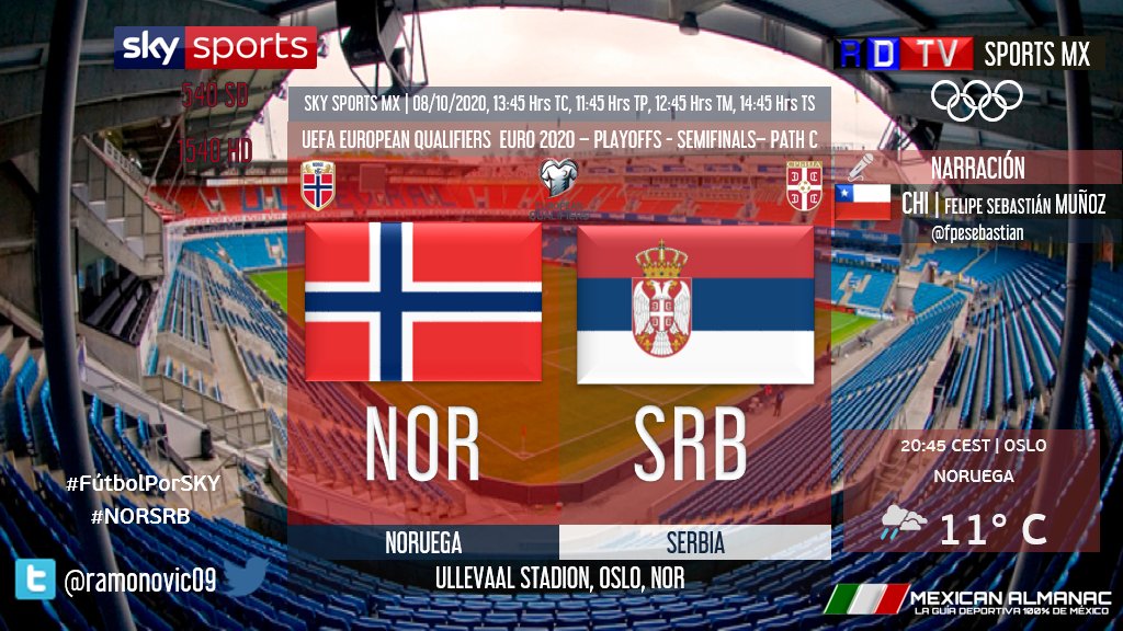 ramonovic09's tweet photo. #EURO2020 #EuropeanQualifiers #Playoffs #Semifinals #PathC | @nff_landslag 🆚 @FSSrbije

🇳🇴 #Noruega 🇷🇸 #Serbia 
📆 Hoy
📺 @SKYSportsMX 540 y 1540 HD
⏰ 13:45 Hrs TC, 11:45 Hrs TP
🎤 @fpesebastian 

#FutbolPorSKY #SanaDistancia #NORSRB https://t.co/xJZJTMfCjA