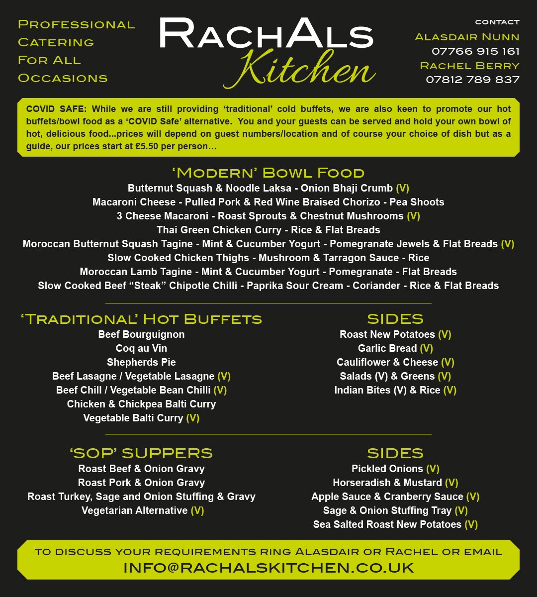 RachAlsKitchen's tweet photo. Please find our new #COVIDsafe #menu attached incorporating our traditional #hotbuffet & #sopsuppers along with #bowlfood. This menu allows you and your guests to be served your own individual bowl of delicious food. Great for #officebased #christmasparties #wedding #funeralteas https://t.co/ukwnN8NpUx