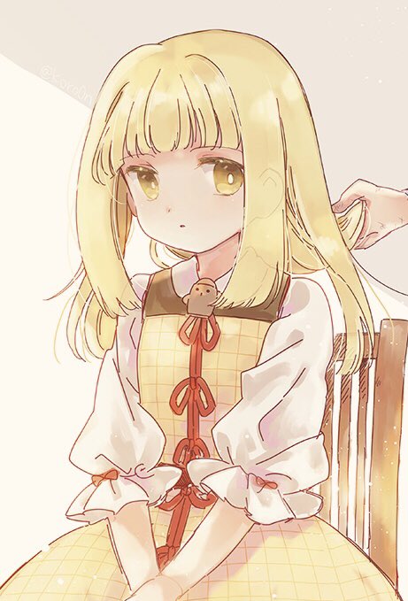 joutouguu mayumi blonde hair yellow dress dress 1girl yellow eyes sitting bangs  illustration images