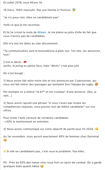 EliottDsmt's tweet photo. C'est toujours un régal Linkedin. Le mec vante la réussite de l'objectif de parité dans sa boîte mais son post est truffé de pépites rétrogrades. MAis C'eSt CoOL💢 C'EsT StARtuP 🤛 🚀 https://t.co/Zn7q5jZN2Z