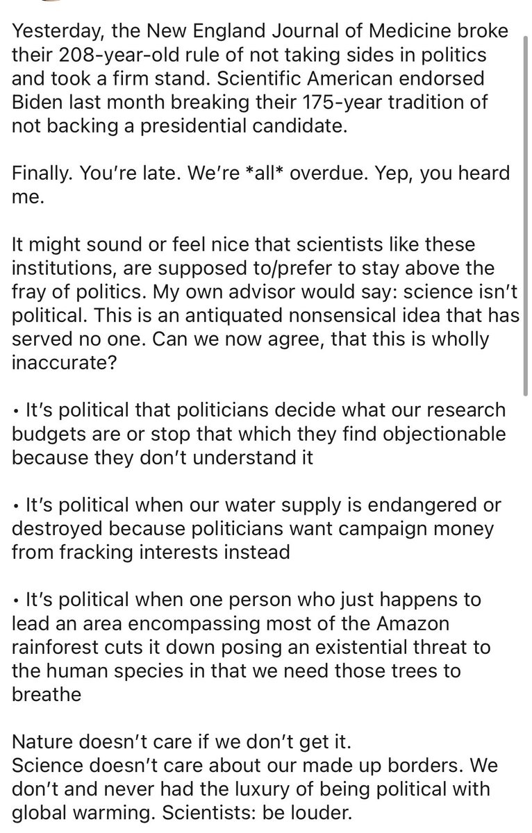 DebPhd's tweet photo. Scientists: we never had the luxury of staying apolitical. We should have been more vocal and accessible this entire time. I’m glad it’s happening now but it’s overdue. Nature doesn’t care that people in power don’t get it. It’s up to us to explain it and make them understand. https://t.co/CS6IFLSVyU