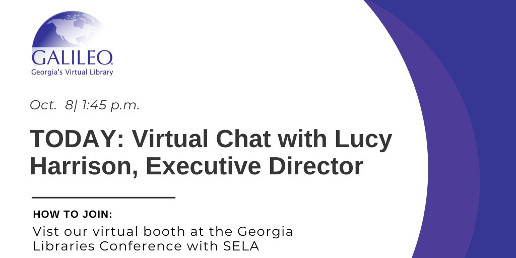 galileolibrary's tweet photo. We are proud to be a Gold Sponsor for the @GLALibrary conference! Join us today during the exhibitor visiting time (1:45 p.m.-2:15 p.m.) for a virtual chat w/ Lucy Harrison, ED of GALILEO. Link to join is located on our booth page. #GALibCon #SELA #EveryoneIn https://t.co/MCROBh8cal