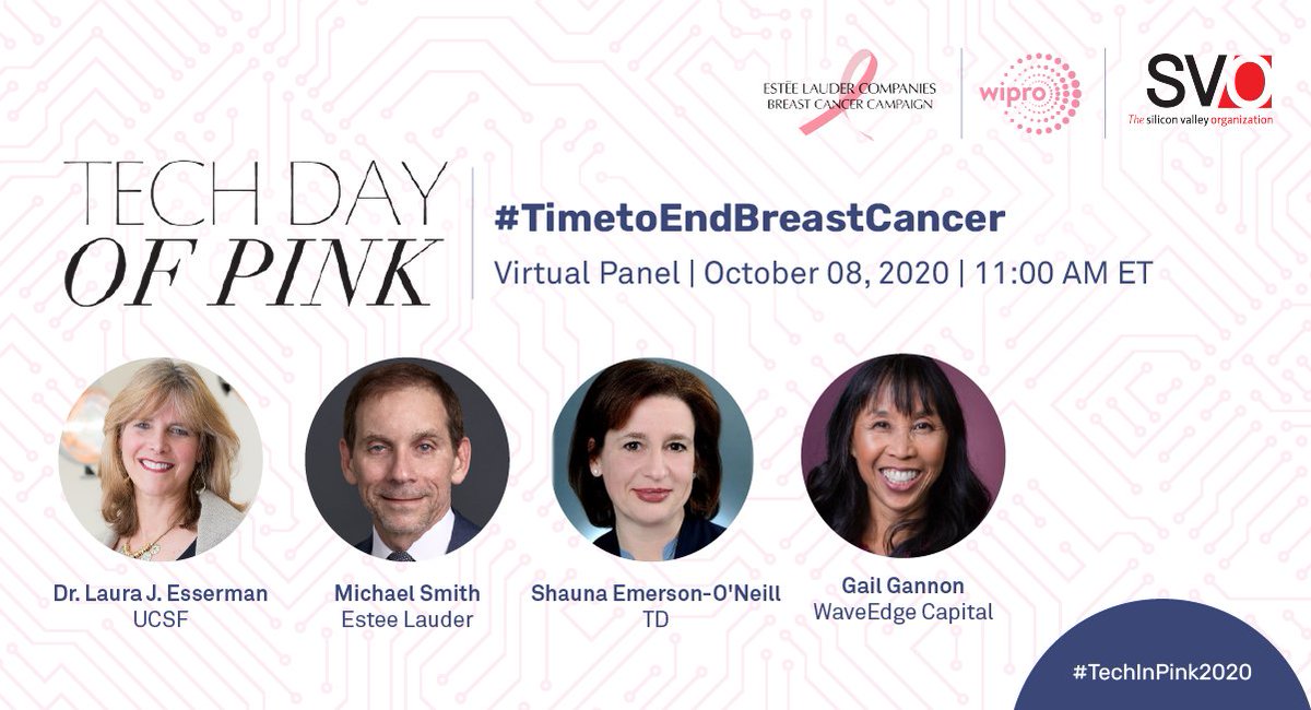 Wipro's tweet image. Starting soon! Wipro, @elcompanies, @theSVO come together at the #TechinPink2020 roundtable with @LifeWorkPassion, @DrLauraEsserman, Shauna Emerson-O&apos;Neill of @TDBank_US to discuss how to improve #BreastCancer awareness &amp;amp; detection. bit.ly/30LpdEN

#TimeToEndBreastCancer