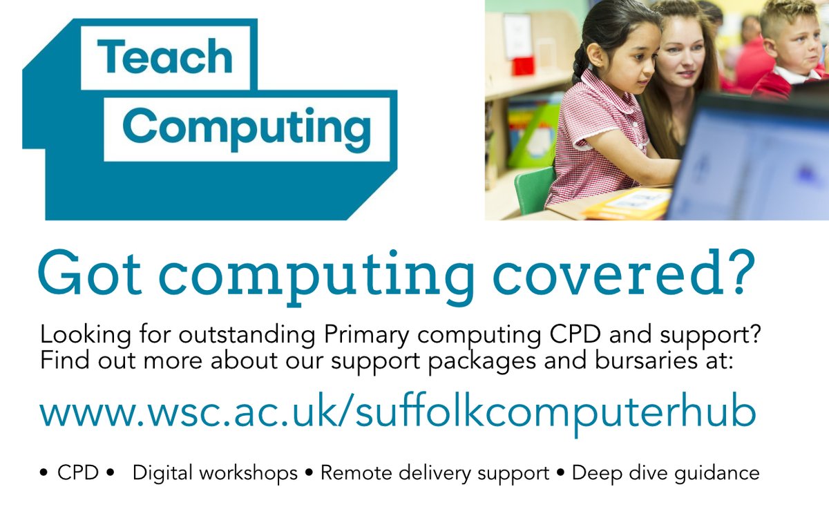 WestSuffolk's tweet image. Looking for outstanding Primary computing CPD and support?

Find out more about our support packages and bursaries at: 
wsc.ac.uk/suffolkcompute…

• CPD
• Digital workshops
• Remote delivery support
• Deep dive guidance

#TeachComputing #SuffolkComputerHub