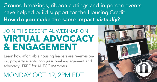 AHTCCoalition's tweet photo. Register now for our webinar on #virtual #affordablehousing property events + advocacy. We're featuring @EdenHousing Daniela Ogden, @BRIDGEhousing @lhikida, @NatlHsingTrust @EllenLHoffman Moha Thakur, @WNC_Inc @Michaeljgaber, AHTCC @EmilyCadik @meganc_john https://t.co/eMW2NtrMuf https://t.co/HLUaAiTqzl