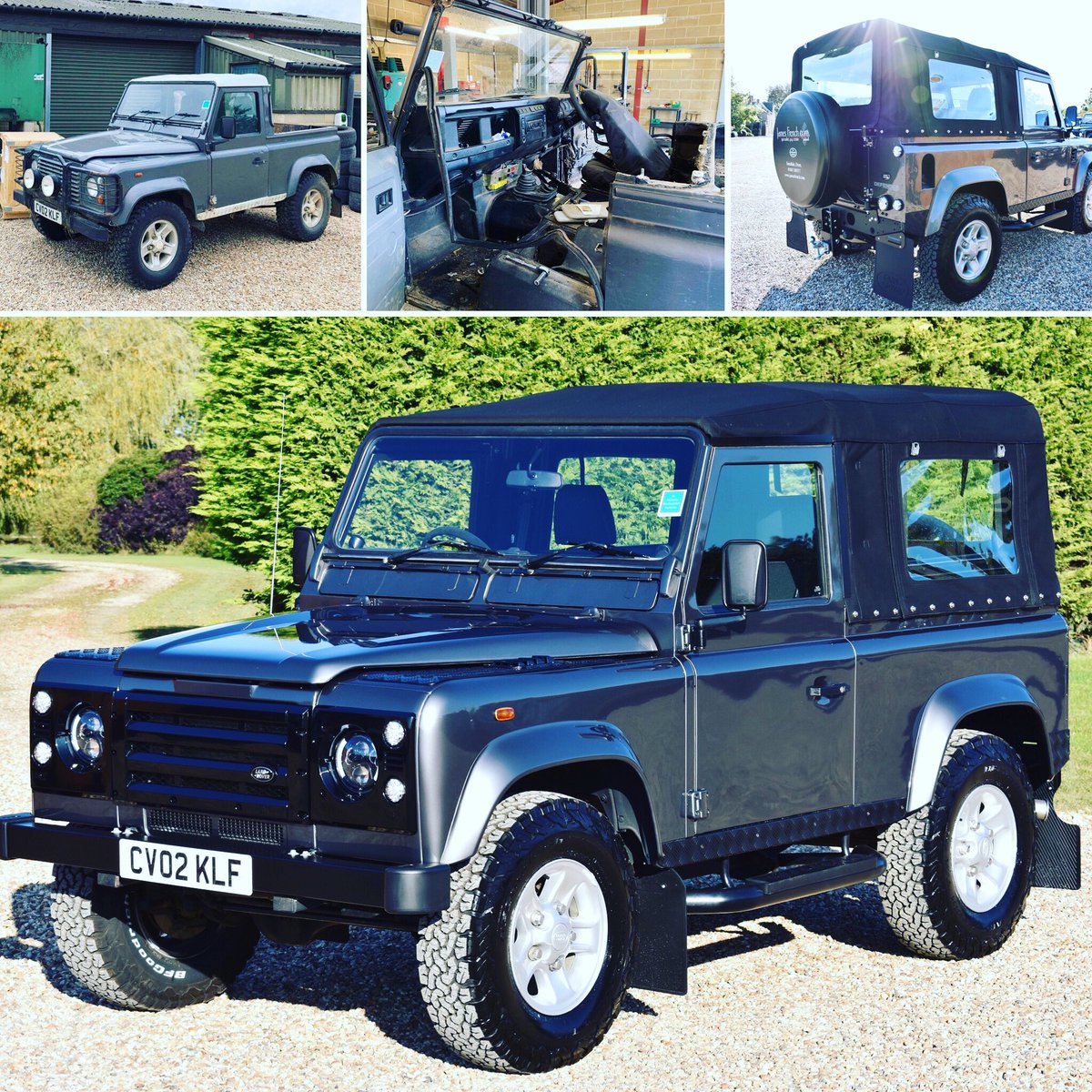 From an old banged up farm truck to stylish soft top! 
This tired old pickup came in for a full tune up inside and out!
We will be shortly posting photos to our story of this Defenders #glowup 
.
.
#jamesfrenchlandrover #landroverdefender #landrover #makeover #4x4 #best4x4xfar