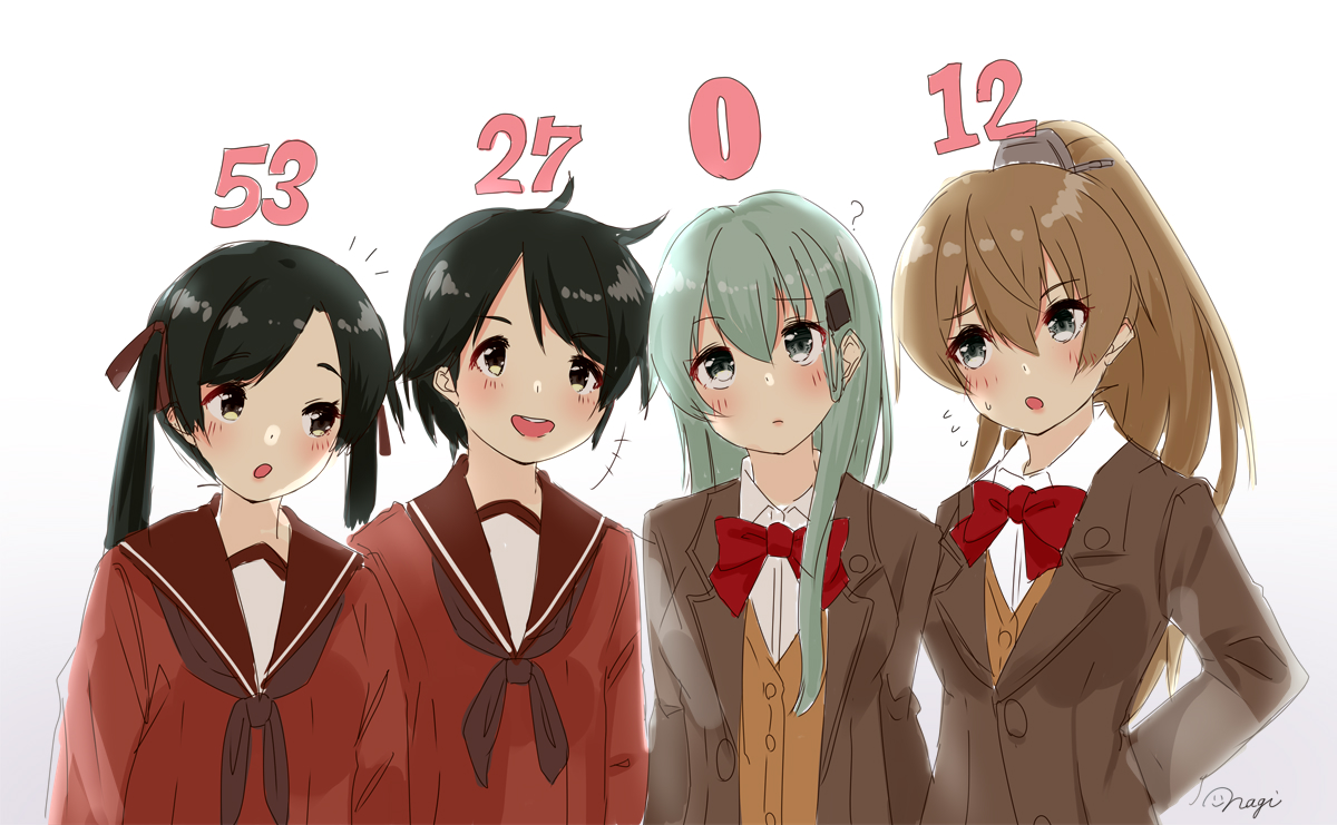 kumano (kancolle) ,mikuma (kancolle) ,mogami (kancolle) ,suzuya (kancolle) multiple girls 4girls long hair school uniform short hair brown jacket twintails  illustration images